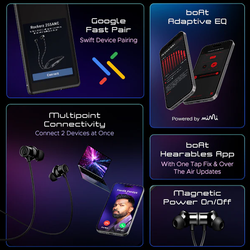 boAt Rockerz 255 ANC| 100HRS Battery| Spatial Audio | Fast Charge(10Mins=24HRS)| 3Mics Aienx| 13Mm Drivers| Power Earbuds| Bluetooth Neckband in Ear Wireless with Mic Earphones