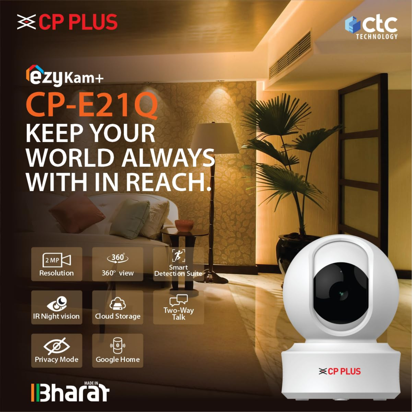 CP PLUS 2MP Smart Wi-Fi CCTV Camera for Home with 360° Pan & Tilt | View & Talk | Smart Detection Suite | Night Vision 15 Mtr | Cloud Recording | CTC Cyber Secure Tech | CP-E21Q