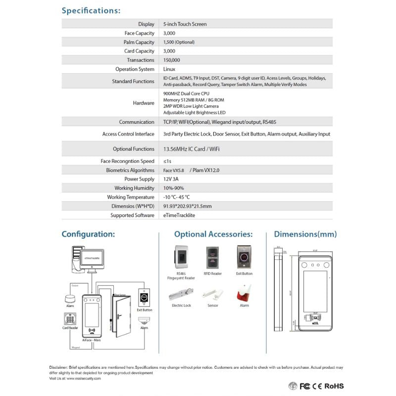 ESSL Ai Face-Mars Facial & Fingerprint Attendance Machine – 5″ Touchscreen Biometric Access Control Terminal with Linux OS, Multi-Verification (Face/Card/Password)