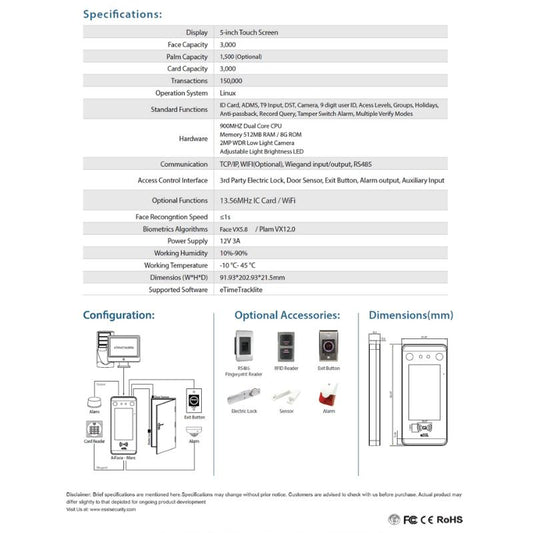 ESSL Ai Face-Mars Facial & Fingerprint Attendance Machine – 5″ Touchscreen Biometric Access Control Terminal with Linux OS, Multi-Verification (Face/Card/Password)
