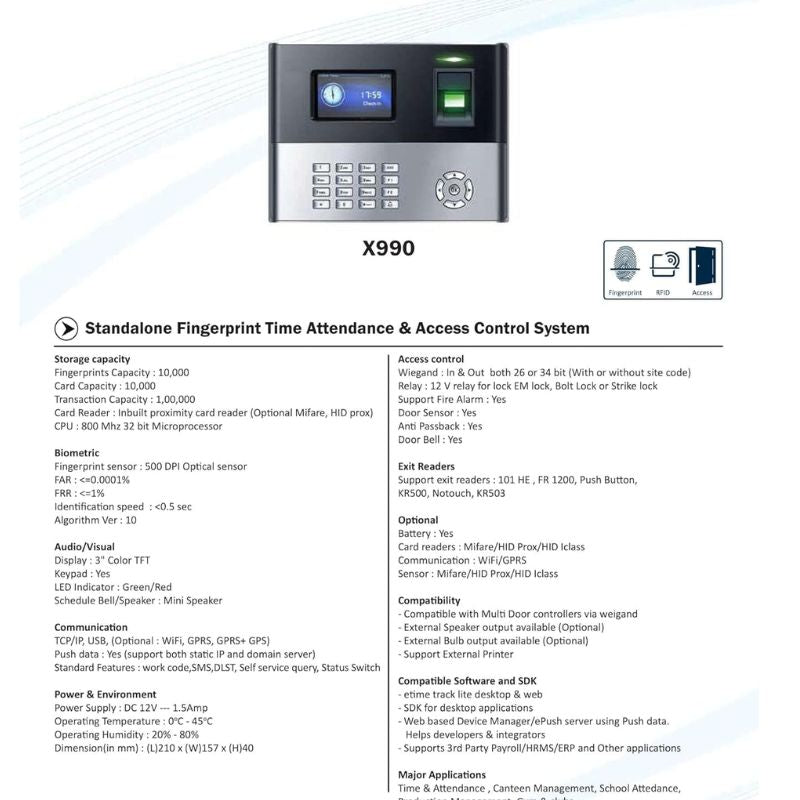 ESSL X990+ID Fingerprint & Card Biometric Attendance Machine – 3″ Color Display Time Attendance & Access Control System for Offices, Schools, and Factories