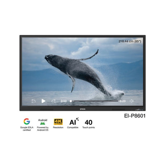 Epson EI‑P8601 PowerBoardPRO 86″ Interactive Display | 86″ 4K UHD Touch Panel | Android 14 (EDLA Certified) | Multi‑Touch Support | Built‑in Speakers | Wi‑Fi & Bluetooth | 3‑Year Warranty