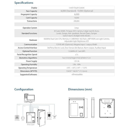 ESSL AiFace-Jupiter: Biometric attendance & access terminal with face, fingerprint, card, and password verification. Touchless recognition, 5″ touchscreen, 200,000 log storage, TCP/IP & Wi-Fi connectivity.