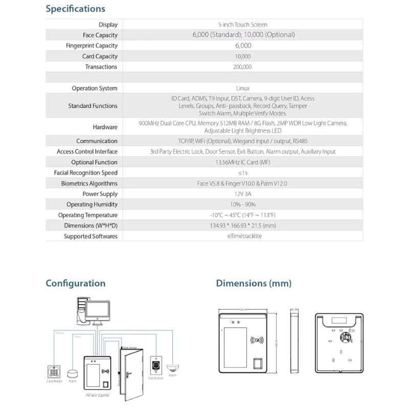 ESSL Ai Face-Jupiter Biometric Attendance & Access Control Terminal – Multi-Verification (Face, Fingerprint, Card, Password), Touchless Recognition, 5″ Touchscreen, 200,000 Logs, TCP/IP & Wi-Fi Connectivity for Offices