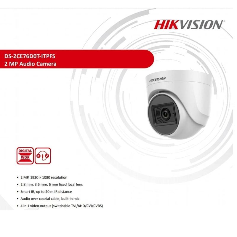 HIKVISION 2MP Dome CCTV Camera DS-2CE76D0T-ITPFS – Full HD 1080p, 2.8mm Wide Angle Lens, 20m IR Night Vision, Built-in Microphone, Multi-Format Support for Home & Office Security