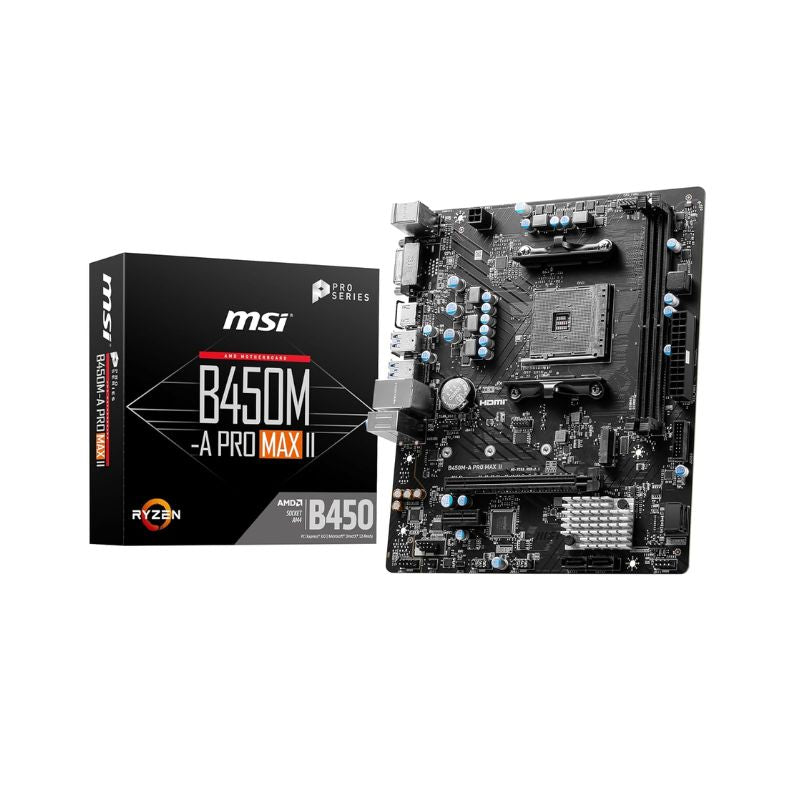 MSI B450M-A PRO MAX II Motherboard | AMD AM4 Socket | Supports Ryzen 1000 to 5000 Series CPUs | DDR4 RAM | M.2 NVMe Slot | HDMI 4K Support | Micro-ATX