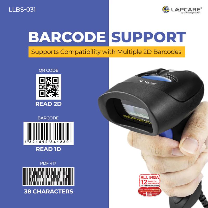 Lapcare LLBS-031 Handheld USB 2D Barcode Scanner & Reader |Fast CMOS Imaging| Plug-and-Play
