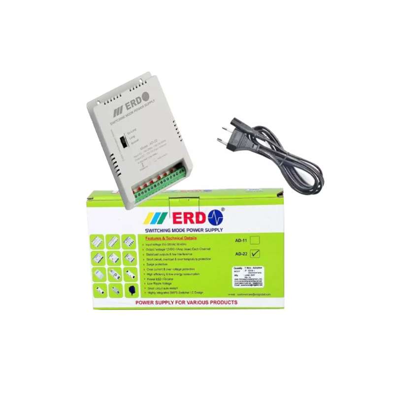 ERD SMPS CCTV Power Supply 12V 10A (AD‑22 PS002)  8 Channel Output with Overload & Short-Circuit Protection  Stable DC Power for CCTV Cameras