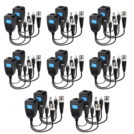 TJMD Passive Video & Power Balun – HD-CVI/TVI/AHD/CVBS Compatible, Plug-and-Play, Supports 720P/1080P CCTV Cameras, UTP CAT5/CAT6 Transmission RJ45/DC/BNC/RCA Audio Connector, 8-Pair Pack