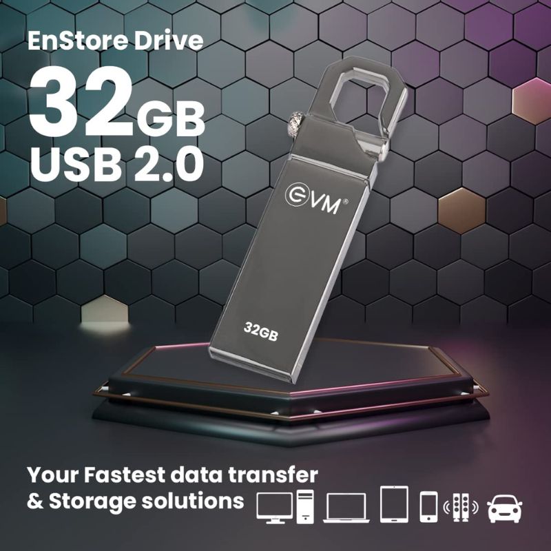 EVM ENSTORE PENDRIVE 32GB USB 2.0 Flash Drive | High-Speed Data Transfer | Compact Metallic Design | Plug & Play Portable Storage Device for Laptop| Desktop| Smart TV & Car Audio