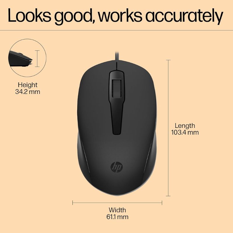 HP 150 Optical Wired Mouse | 1600 DPI Resolution | Professional Sleek Matte Finish Responsive Buttons & Scroll Wheel | Lightweight Design for Travel & Office | 1-Year HP Brand Warranty