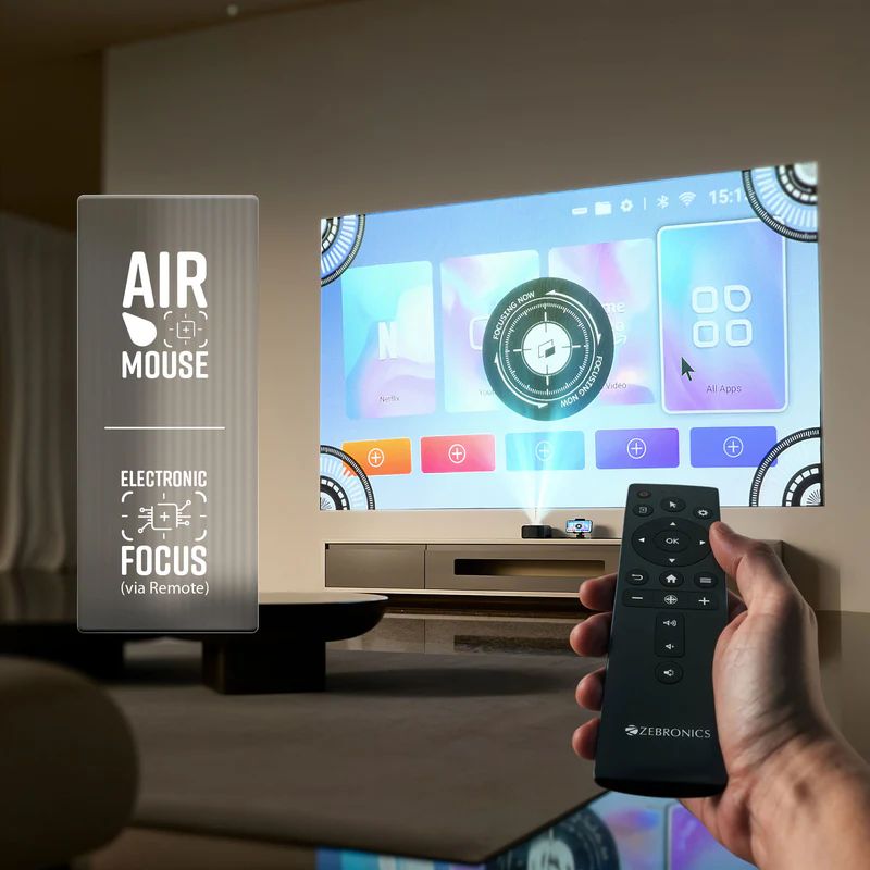 Zebronics  Pixaplay Pro 500  LED Projector  1080p FHD  12500 Lumens  Air Mouse  Built In Speaker  Ultra Short Throw  Multi Connectivity  228cm Screen  Home Entertainment  Office Projector