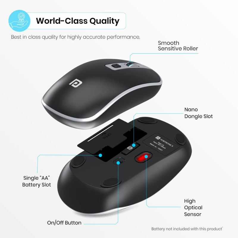 Portronics Toad 14 Wireless Optical Mouse (POR‑1478) | 2.4 GHz USB Nano Receiver | Adjustable Up to 1400 DPI | Ambidextrous Ergonomic Design | Long‑Life 30 Lakh+ Clicks | Plug‑and‑Play Wireless