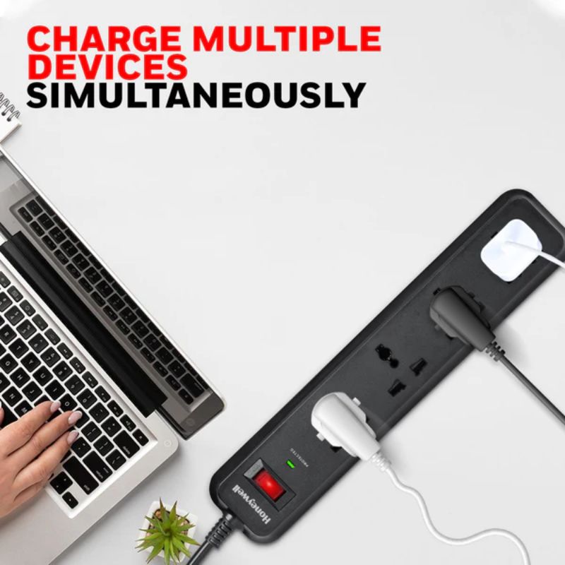 Honeywell 4 Out Surge Protector| Black| LED Indicator| Metal Oxide Varistor technology| Overload Protection| Master reset switch| Child Lock shutter| Fire resistance material | MOV| LED indicator & DSW