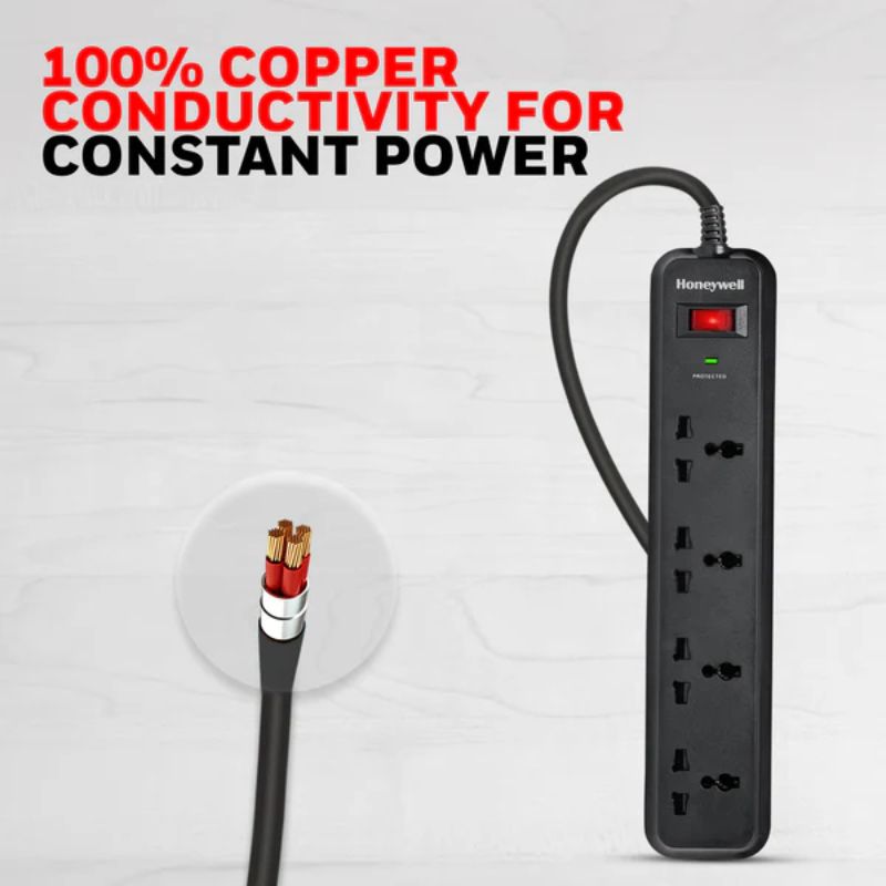 Honeywell 4 Out Surge Protector| Black| LED Indicator| Metal Oxide Varistor technology| Overload Protection| Master reset switch| Child Lock shutter| Fire resistance material | MOV| LED indicator & DSW