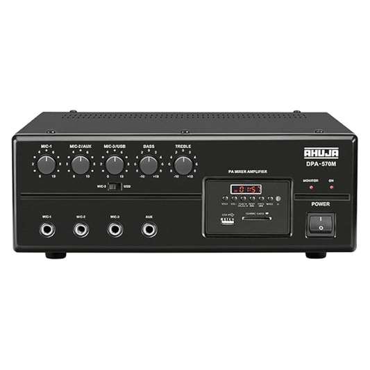 AHUJA DPA‑570M 50W PA Mixer Amplifier with USB/SD/MP3 Player, Bluetooth, Mic & Aux Inputs, Compact Black Desktop Design for Halls, Events, Classrooms, Offices, and Small-Medium Venues