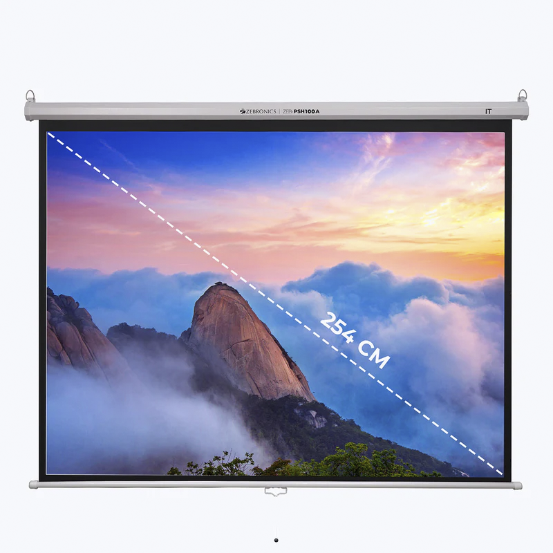 ZEBRONICS ZEB-PSH100A 100 Inch Instalock Projector Screen – Manual Pull-Down, Matte White Surface, Wall/Ceiling Mount for Home Theater, Classroom, Office, and Event Use