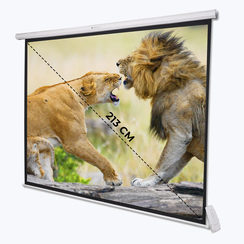 ZEBRONICS ZEB-PSM84A 84 Inch Motorized Projector Screen – Electric Remote-Controlled, 16:9 Widescreen, Matte White Surface, Ceiling/Wall Mount for Home Theater, Office, and Classroom Use