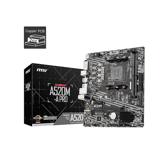 MSI A520M PRO Motherboard – AMD AM4 Socket, Supports Ryzen 3rd/4th Gen CPUs| DDR4 Memory up to 64GB, M.2 NVMe & SATA Storage|PCIe x16 Slot Gigabit LAN| HD Audio Micro-ATX Form Factor|Ideal for Budget & Mid-Range Desktop Builds