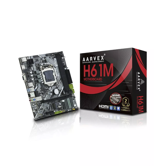 Arvex H61 D3 NVMe Motherboard Intel LGA1155 Socket Supports 2nd and 3rd Gen Core CPUs Dual Channel DDR3 up to 16GB M2 NVMe SSD Slot SATA Storage PCIe x16 Slot Micro ATX Form Factor Ideal for Budget and Office Desktop Builds