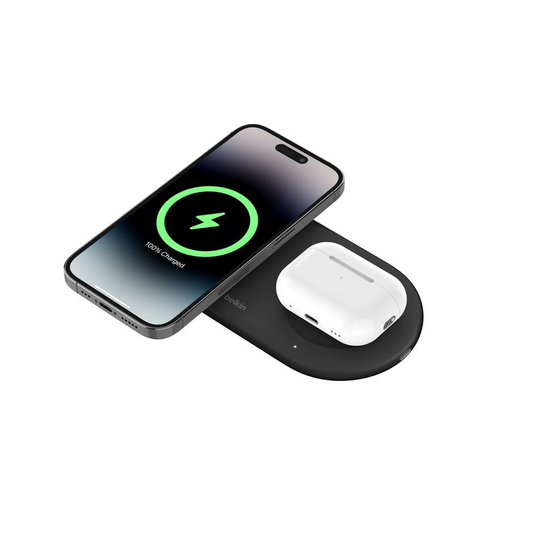 Belkin Magsafe 2-in-1 Wireless Charging Pad Qi2 15W| Additional USB-C Port | Fast Charging Station for iPhone 16, 15, & 14 Series, AirPods, and More | 2 years warranty|Black