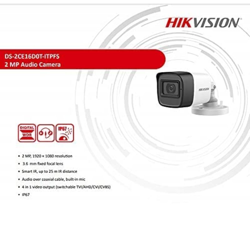 Hikvision DS-2CE16DOT-ITPFS IR 2MP 25M 3.6mm Bullet Camera| Wired| HD Resolution| Sound Triggered Recording| Outdoor| Corded Electric