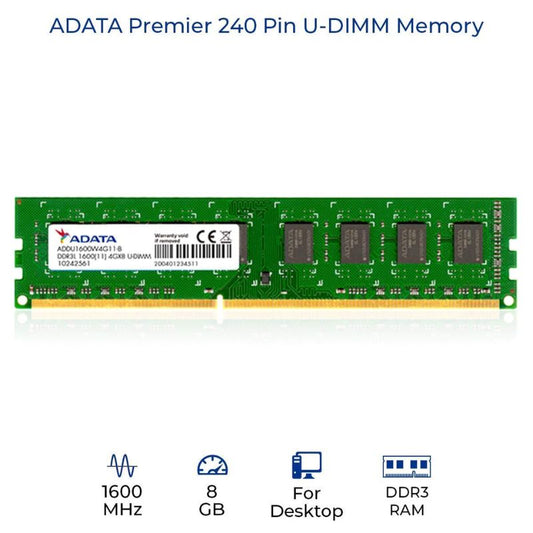 ADATA 8GB DDR3 1600MHz Desktop RAM | High-Performance 240-Pin U-DIMM Memory Module | Reliable Upgrade for Faster Multitasking and Smooth PC Performance