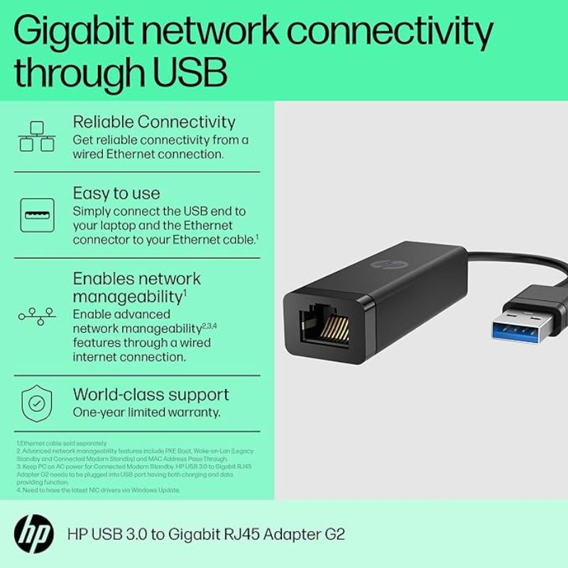 HP USB 3.0 to Gig RJ45 G2 Adapter | HP Ethernet Adapter | High-Speed Gigabit Network Converter | Plug & Play LAN Adapter | Stable Wired Internet Adapter | Portable USB to Ethernet Adapter