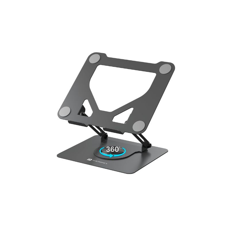 Portronics My Buddy K11 Laptop Stand | Multi-Angle Adjustable | 360° Rotatable Base | Ventilated Board | Anti-Slip Silicone Pads | Supports Laptops Up to 17″ | Carbon-Steel Build | Black