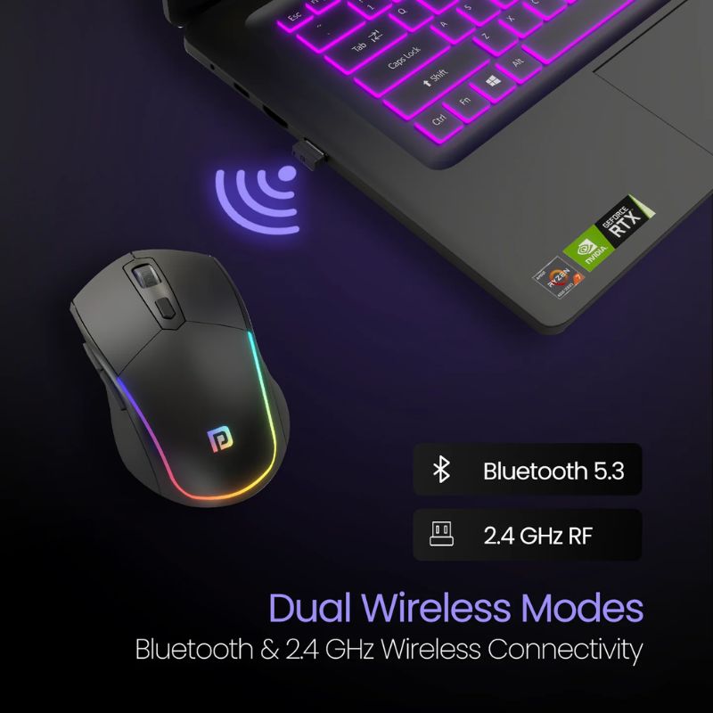 Portronics Toad One Wireless Mouse | Bluetooth + 2.4 GHz | Adjustable DPI | 6‑Button Ergonomic Design | Rechargeable Type‑C Battery | RGB Lighting | Multi‑Device Support