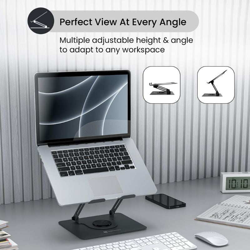 Portronics My Buddy K11 Laptop Stand | Multi-Angle Adjustable | 360° Rotatable Base | Ventilated Board | Anti-Slip Silicone Pads | Supports Laptops Up to 17″ | Carbon-Steel Build | Black