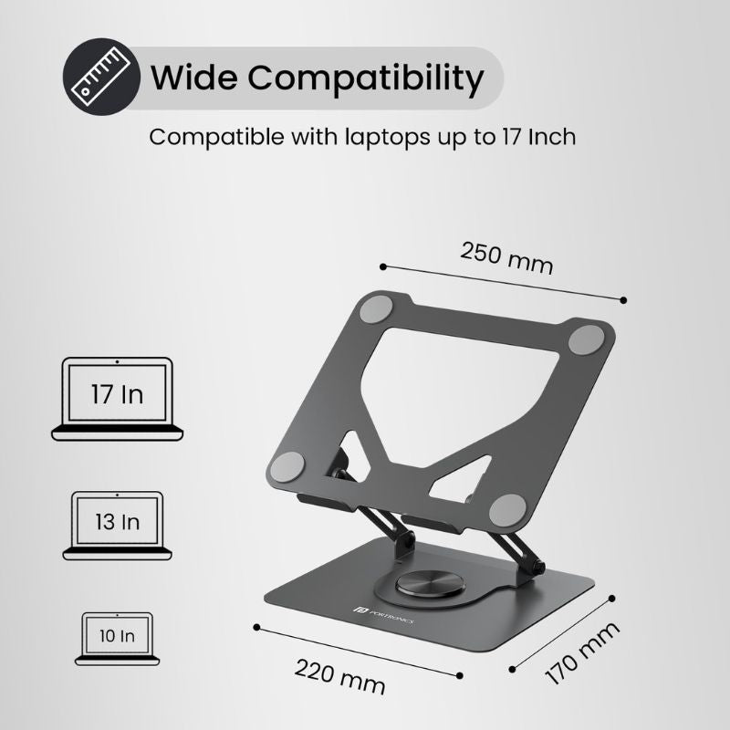 Portronics My Buddy K11 Laptop Stand | Multi-Angle Adjustable | 360° Rotatable Base | Ventilated Board | Anti-Slip Silicone Pads | Supports Laptops Up to 17″ | Carbon-Steel Build | Black
