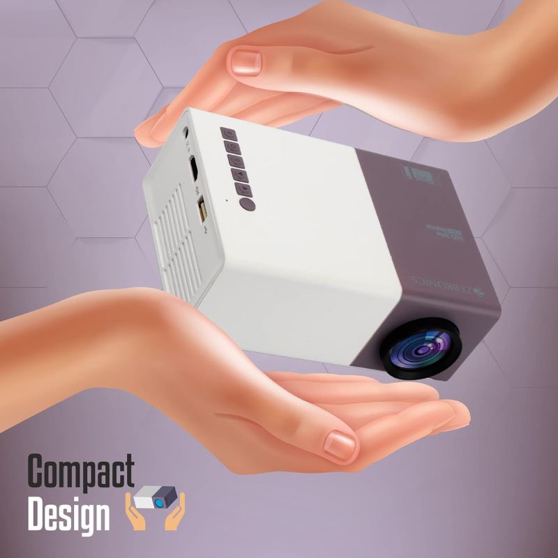 Zebronics PixaPlay 11 Portable LED HD Home Projector, 720p Native Resolution with 1080p Support, Built-in Speaker, HDMI/USB/AV Connectivity, Power Bank Support, White + Purple
