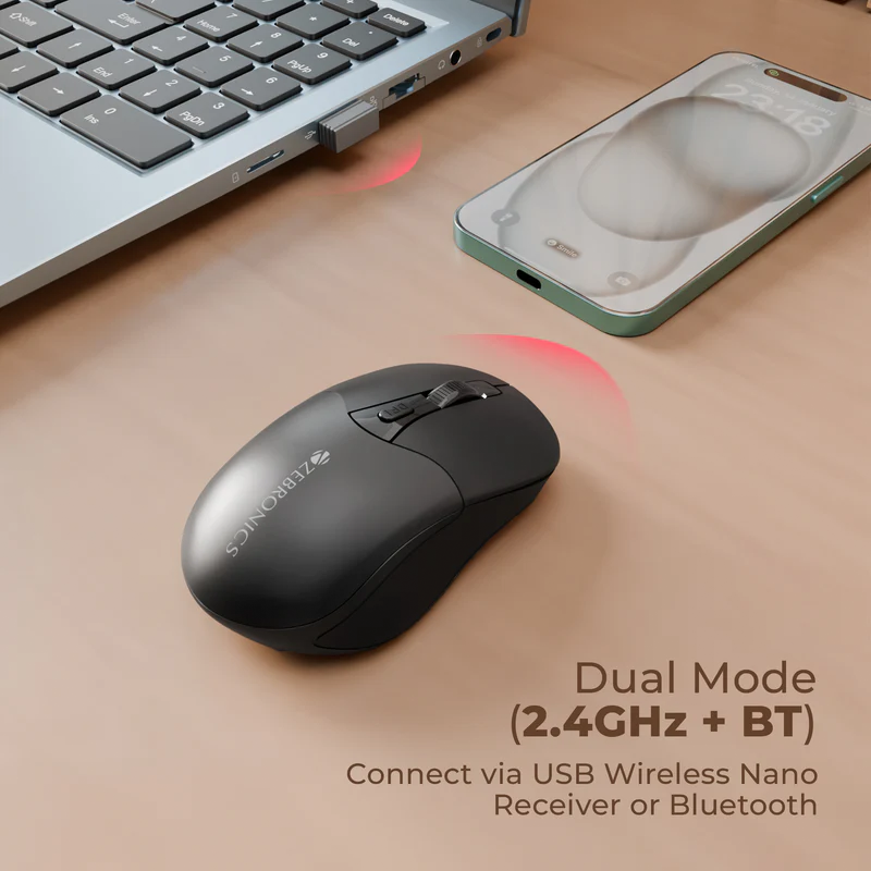 Zebronics Zeb Blanc 10 Wireless Mouse | Dual Mode 2.4GHz + Bluetooth | Rechargeable Battery | 800/1200/1600 DPI | Silent Click | 6 Buttons