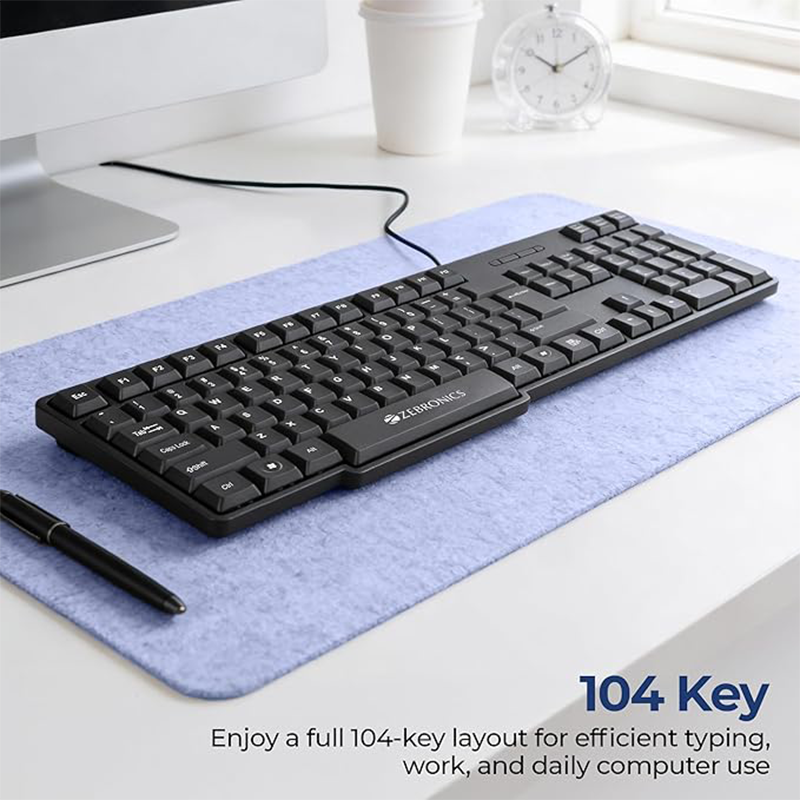 Zebronics Zeb K65 USB Wired Keyboard | Full-Size 104 Keys | USB Plug & Play | Spill-Resistant Design | Comfortable Typing | Windows Compatible