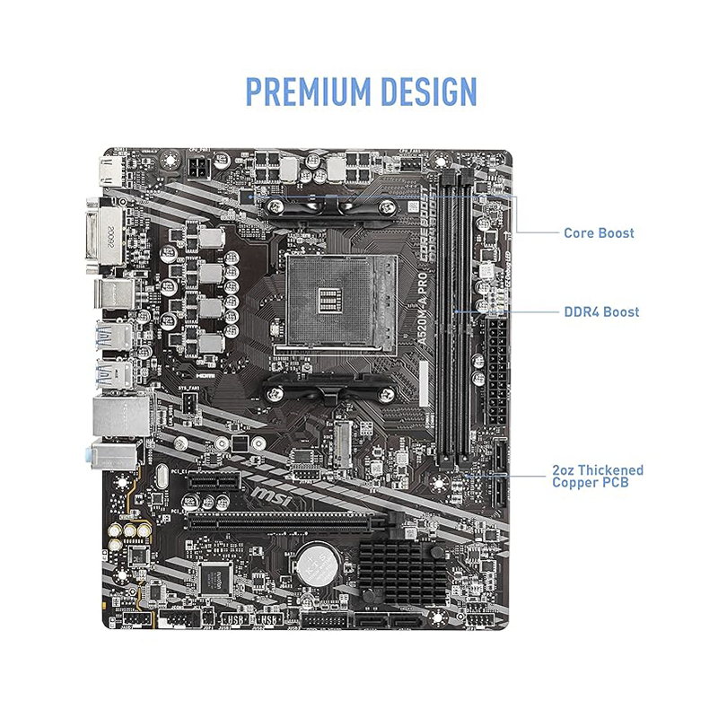MSI A520M PRO Motherboard – AMD AM4 Socket, Supports Ryzen 3rd/4th Gen CPUs| DDR4 Memory up to 64GB, M.2 NVMe & SATA Storage|PCIe x16 Slot Gigabit LAN| HD Audio Micro-ATX Form Factor|Ideal for Budget & Mid-Range Desktop Builds