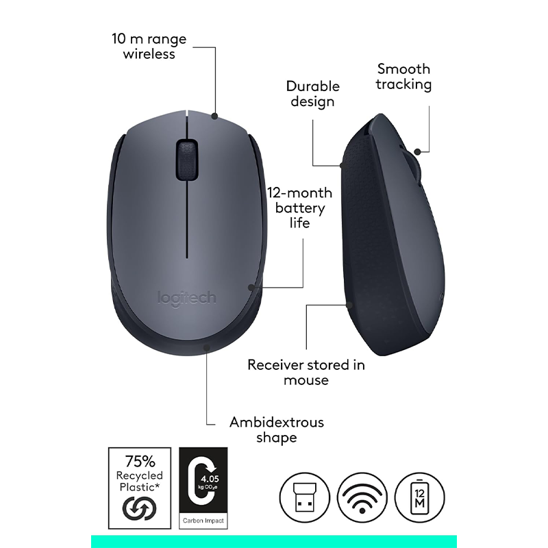 Logitech M170 Wireless Mouse | 2.4GHz USB Nano Receiver | 1000 DPI Optical Tracking | 10m Wireless Range | 12-Month Battery Life | Ambidextrous Design