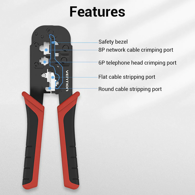 VENTION KEDB0 Multi-Function LAN Cable Crimping Tool Ratchetless Type Black, 3-in-1 Cutter Stripper & Crimper for RJ45 RJ12 RJ11 Network and Telephone Cables