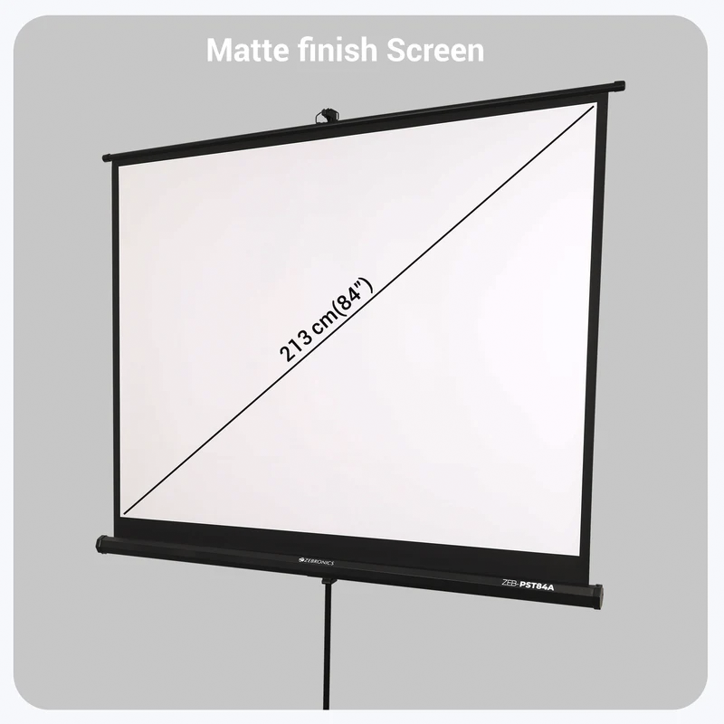 ZEBRONICS ZEB-PST84A 84 Inch Tripod Projector Screen – Portable Foldable Stand, Matte White Surface, Adjustable Height for Home Theater, Office, Classroom, and Outdoor Use