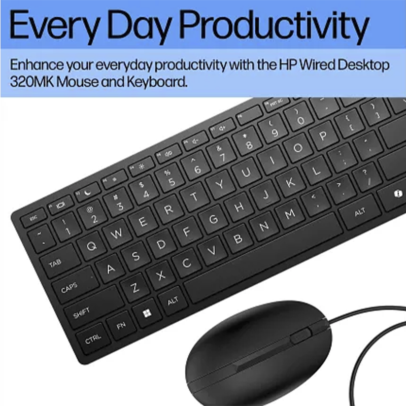 HP Wired Desktop 320MK Mouse and Keyboard (India) | Full-Size Ergonomic Keyboard | High-Precision Optical Mouse | USB Plug & Play Combo | Durable Office Desktop Set | Reliable Everyday Computing Solution
