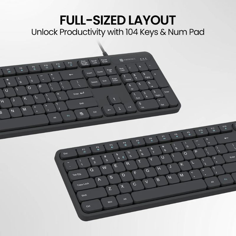 Portronics Ki-Pad 3 (POR 2417) | Full-Size Keyboard with Numeric Keypad | Noise-Free Large Keycaps | Multimedia Hotkeys | Ergonomic Design | 1.5m USB Plug-and-Play
