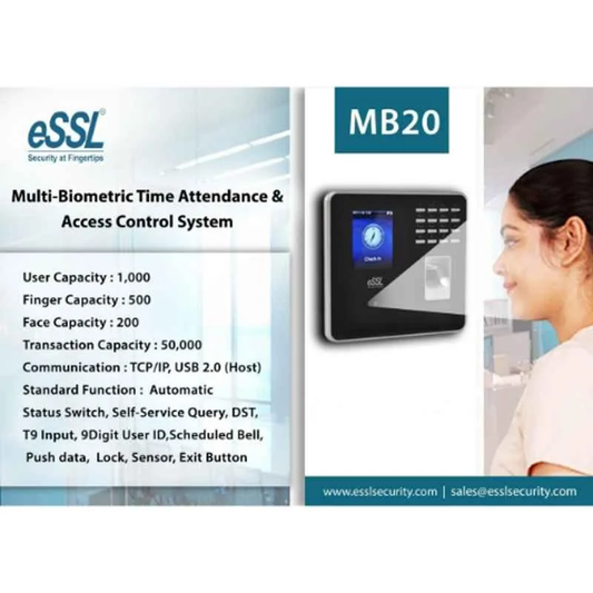 ESSL MB20+ID Fingerprint & Face Biometric Attendance & Access Control Machine – Multi-Verification (Fingerprint, Face, RFID, Password), 50,000 Log Storage, TCP/IP & USB Connectivity for Offices, Schools, and Factories