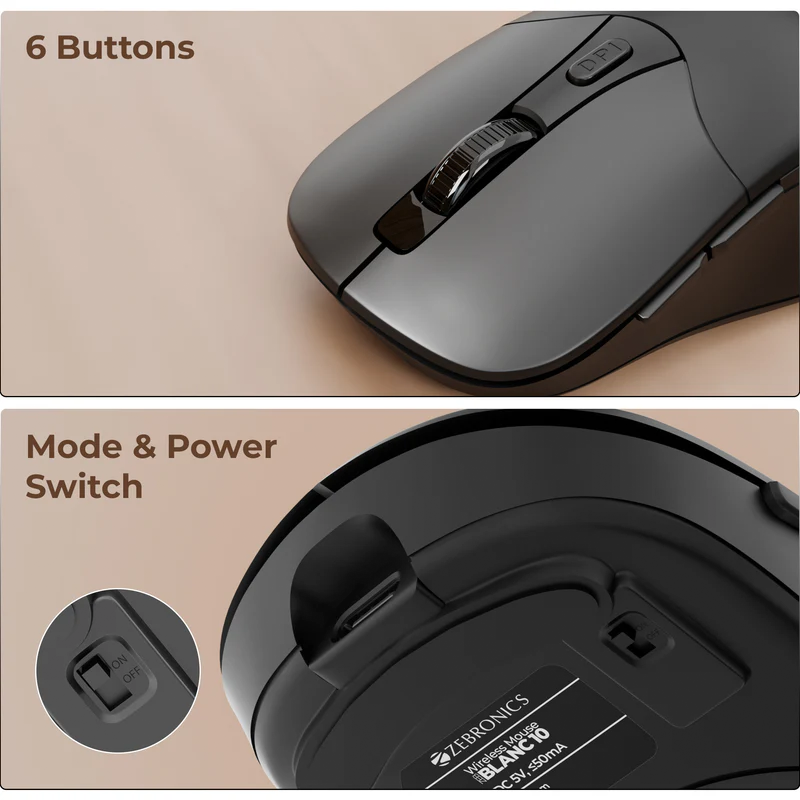 Zebronics Zeb Blanc 10 Wireless Mouse | Dual Mode 2.4GHz + Bluetooth | Rechargeable Battery | 800/1200/1600 DPI | Silent Click | 6 Buttons