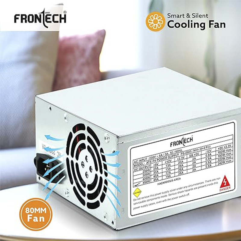Frontech 450W ATX SMPS (PS-0005) – Reliable Desktop Power Supply with 20+4 Pin, SATA & Molex Connectors, Silent Cooling Fan, and Built-in Safety Protections