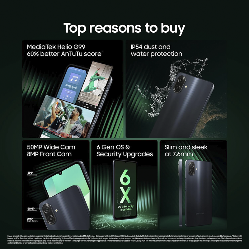 Samsung F07 4G Smartphone – 4GB RAM, 64GB Storage, 6.7" HD+ Display, 50MP Dual Camera, 5000mAh Battery, IP54 Dust/Splash Resistant