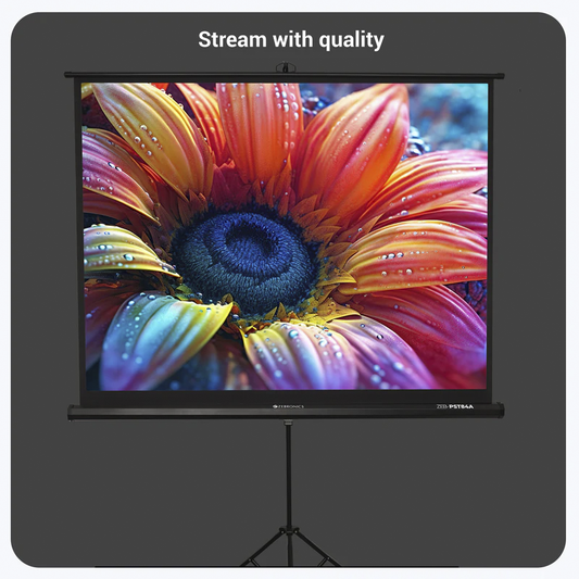 ZEBRONICS ZEB-PST84A 84 Inch Tripod Projector Screen – Portable Foldable Stand, Matte White Surface, Adjustable Height for Home Theater, Office, Classroom, and Outdoor Use