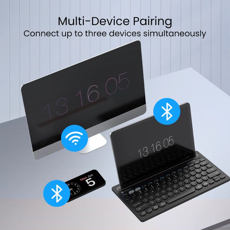 Portronics Bubble Dock Wireless Keyboard (POR 2193) | Dual Bluetooth 5.3 & 2.4 GHz Wireless | Rechargeable Battery | Multi‑Device Pairing (Up to 3 Devices) | Tablet/Smartphone Holder | Tenkey less Design & Multimedia Keys