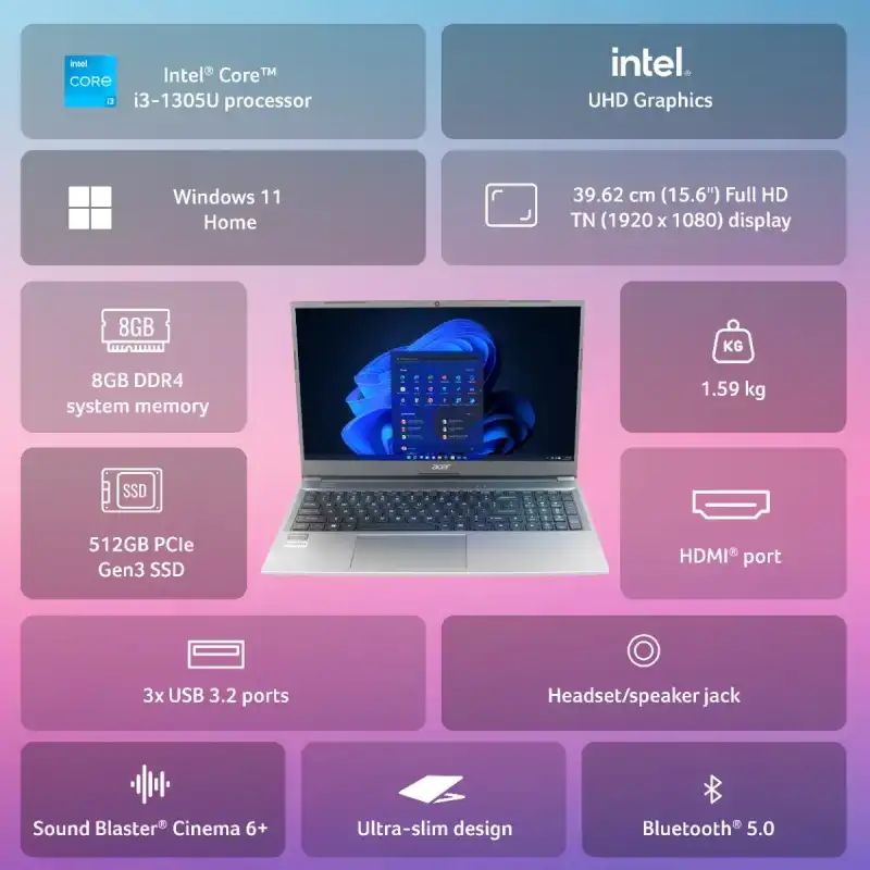 ACER Aspire Lite | Intel Core i3‑1305U | 8GB RAM | 512GB SSD | 15.6″ FHD Display | Windows 11 | 1.59 kg | Silver