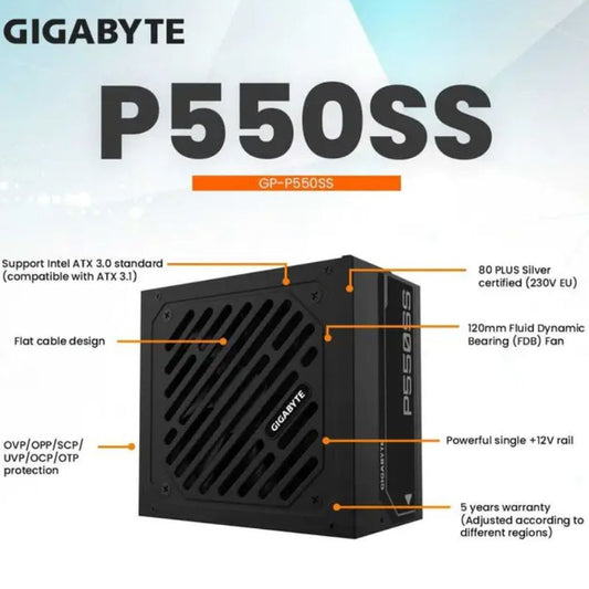 Gigabyte P550SS 550W 80+ Silver Certified ATX 3.0 Power Supply – 120mm FDB Cooling Fan|Single +12V Rail, Flat Cable Design & Full Protection for Stable Desktop & Gaming PCs