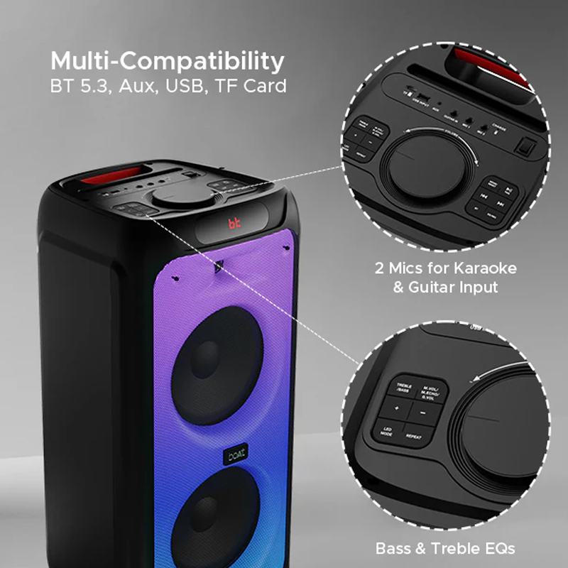 boAt PartyPal 390 Bluetooth Party Speaker | 160W Signature Sound | TWS Mode | Dual Karaoke Mic Inputs | Up to 6 Hours Playback | Flame LED Lights | EQ Modes | Bluetooth v5.3 | AUX, USB & TF Card Support | USB Type-C Charging